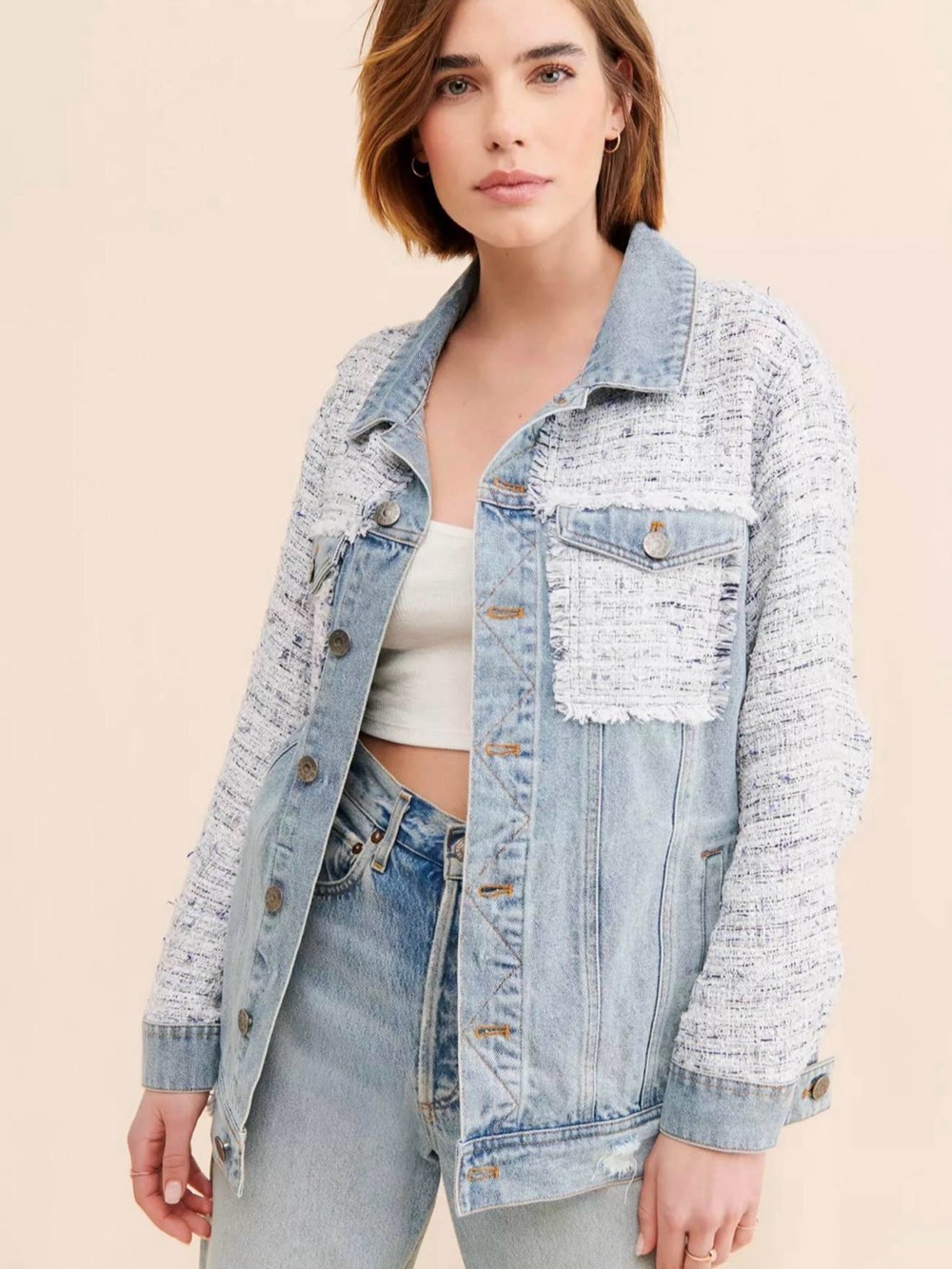 BB Dakota Light Blue Denim Jacket with White Tweed Panels